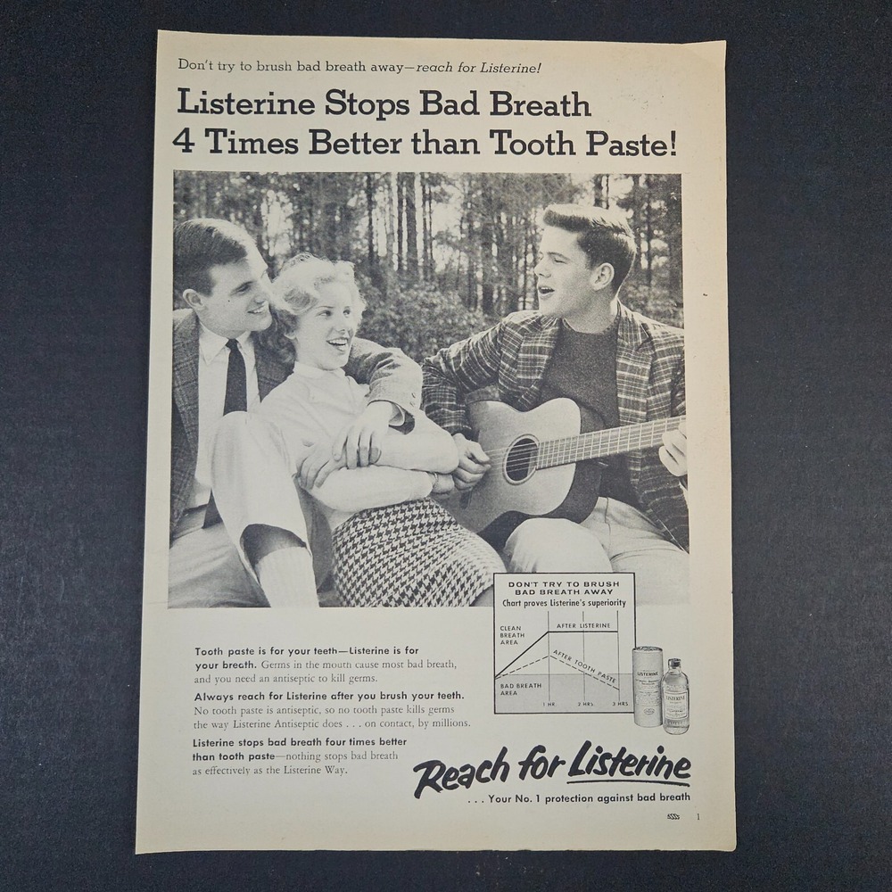 1959 Listerine Stops Bad Breath Vintage‎ Print Ad Teens Playing Guitar Singing